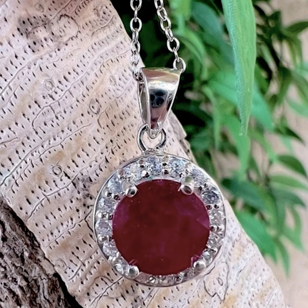 Niassa Ruby White Zircon Sterling Silver Halo Pendant Necklace - Picture 9 of 14